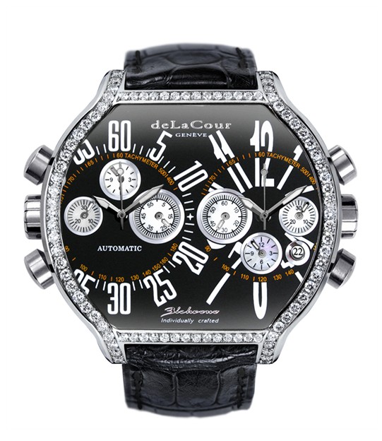 Replica DeLaCour BiChrono S2 Steel Diamond Bezel Black and White WAST2130-0979 Replica Watch